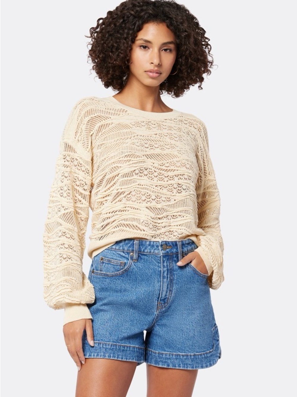 Soft Joie Cream Open-Knit Crew Neck Sweater Linen Cotton Baggy Relaxed Boho XXS